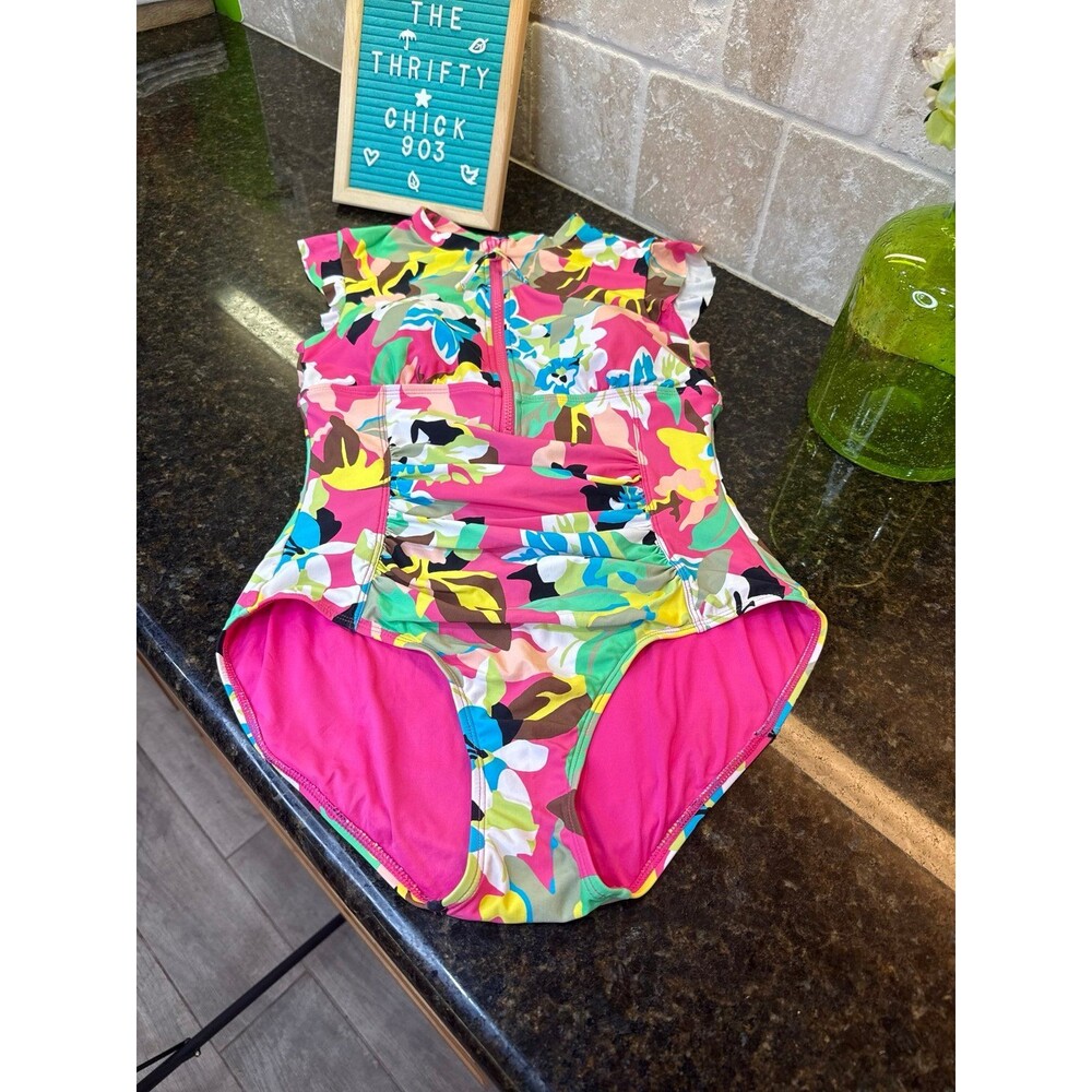 Anne Cole Flutter Sleeve Zip Front One Piece Swimsuit Tropical Floral Size 6